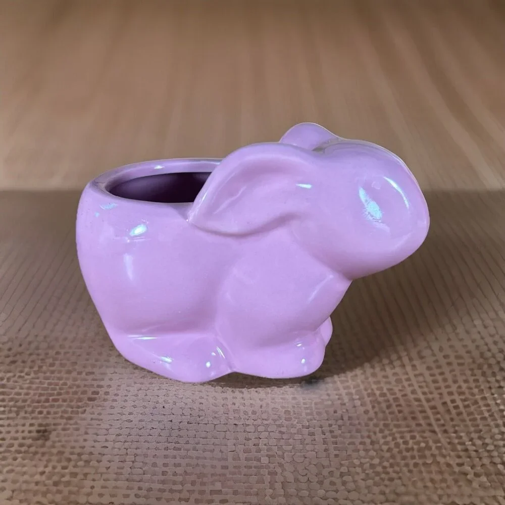 Easter Bunny Rabbit Pottery Planter Pink Glossy Candy trinket Bowl 3.5” X 5”